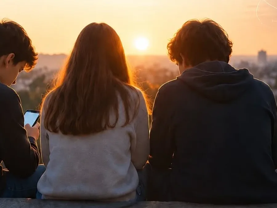 jóvenes mirando el móvil al atardecer